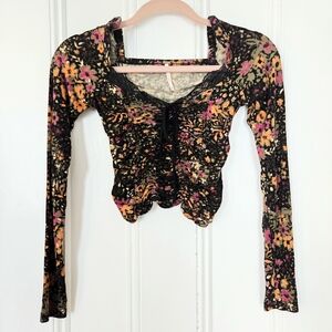 Free People Floral Print Ruched Body Sweetheart Neckline Longsleeve Top